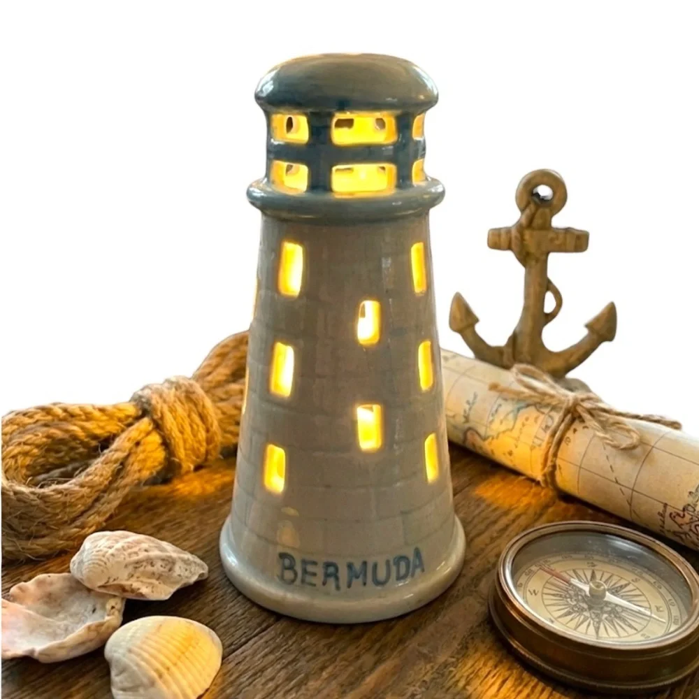 Bermuda Trader Lighthouse Tea Light Ceramic Candle Holder Decorative Blue White - Picture 3 of 16